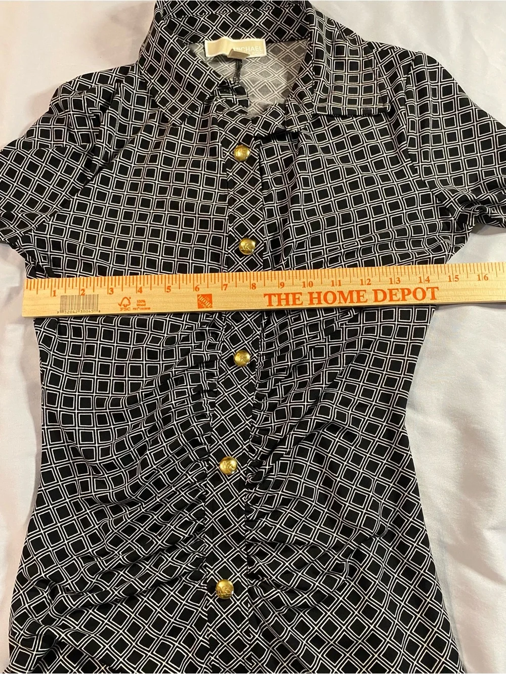 Michael Michael Kors Black White Geo-print Ruched Shirt Dress Collared Neckline